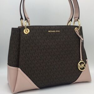 NWT Michael Kors Handbag Nicole Large Logo Shoulder Bag Tote Brown Pink